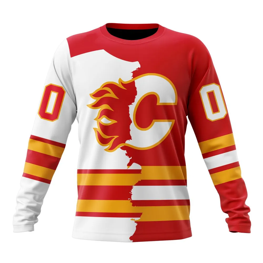 NHL Calgary Flames Personalize Home Mix Away Kits Long Sleeved Sweatshirt 