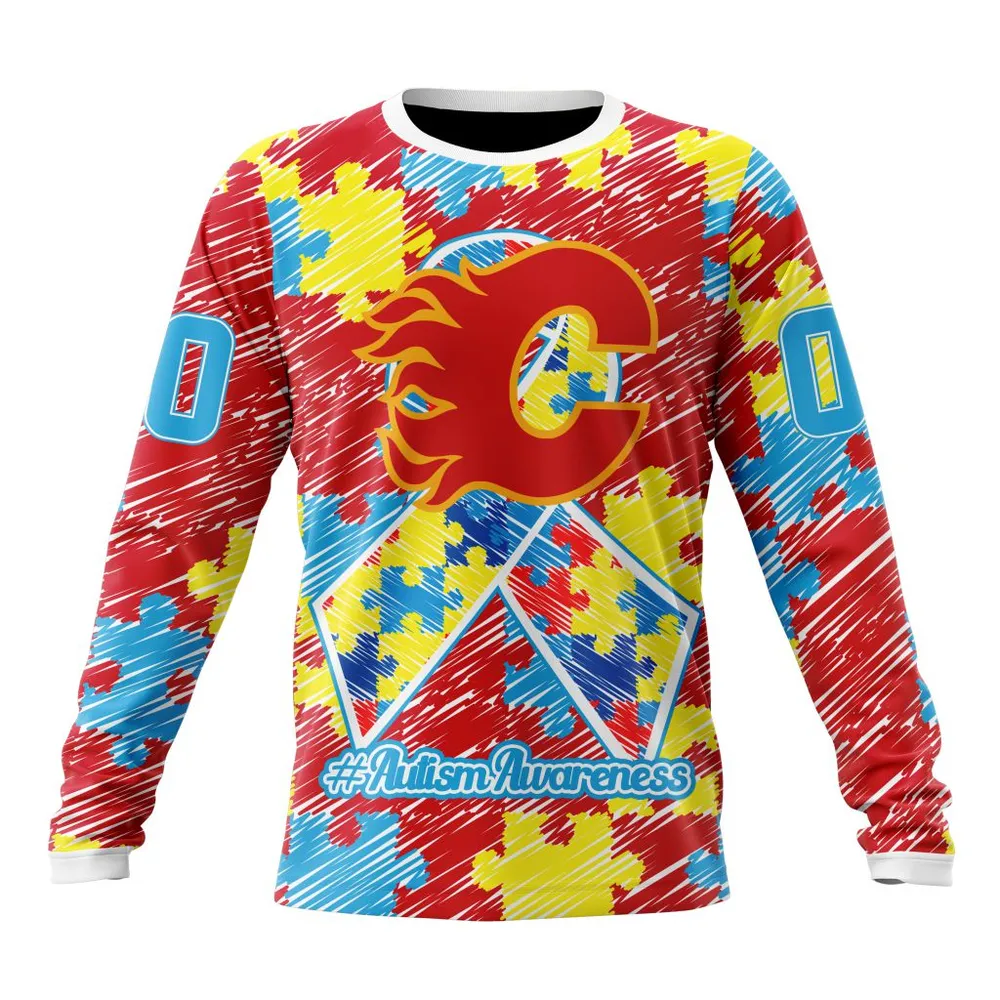 NHL Calgary Flames Special Autism Awareness Design St2201 Long Sleeved Sweatshirt 