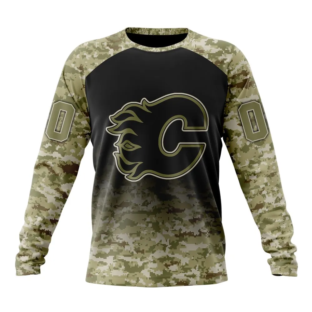 NHL Calgary Flames Special Camo Design For Remembrance Day St2302 Long Sleeved Sweatshirt 