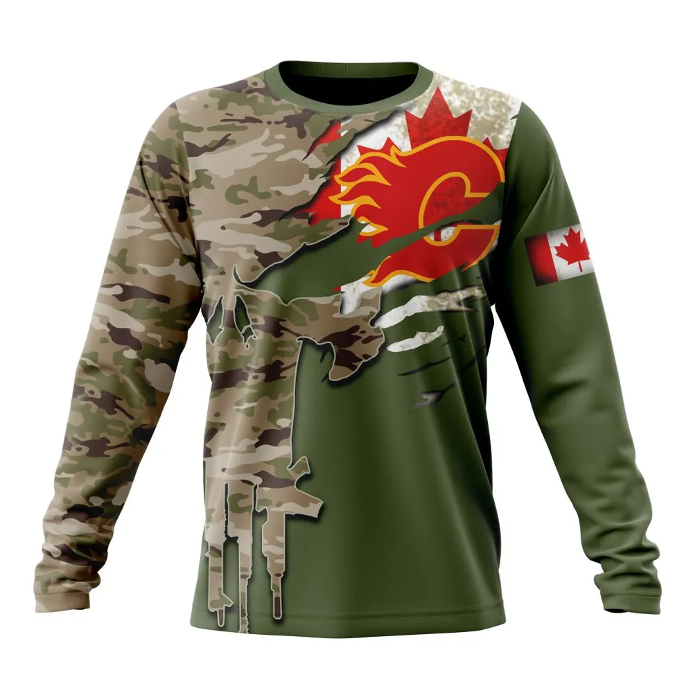 NHL Calgary Flames Special Camo Skull Design St2303 Long Sleeved Sweatshirt 