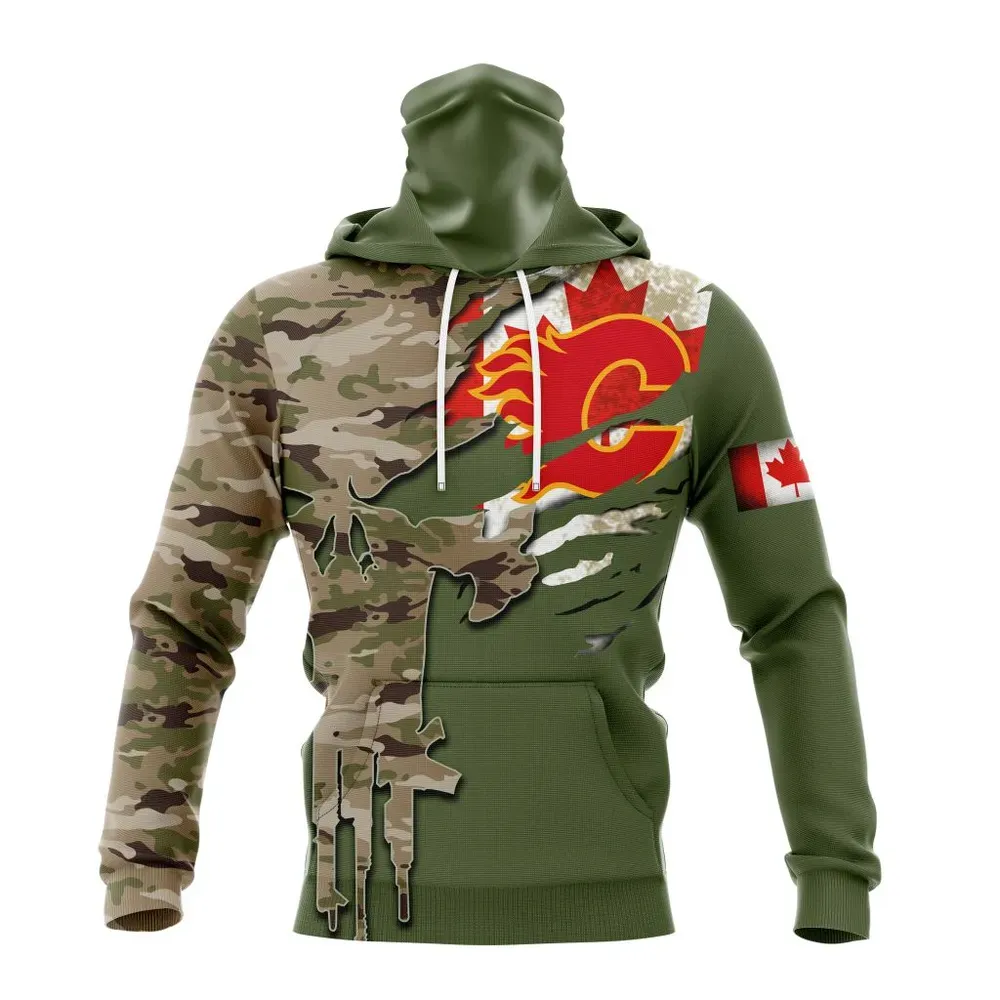 NHL Calgary Flames Special Camo Skull Design St2303 Mask Hoodie