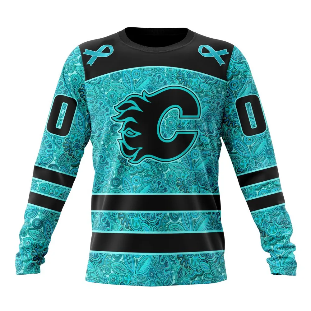 NHL Calgary Flames Special Design Fight Ovarian Cancer St2201 Long Sleeved Sweatshirt 