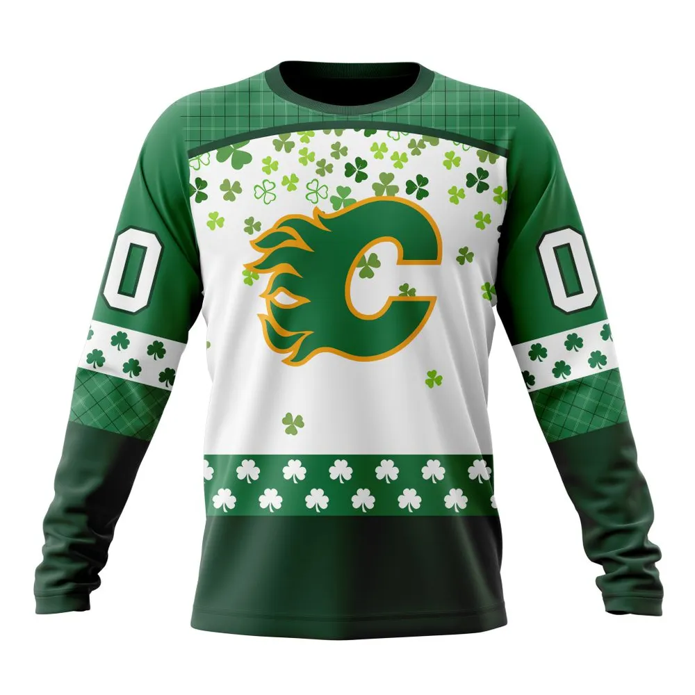 NHL Calgary Flames Special Design For St. Patrick Day St2401 Long Sleeved Sweatshirt 