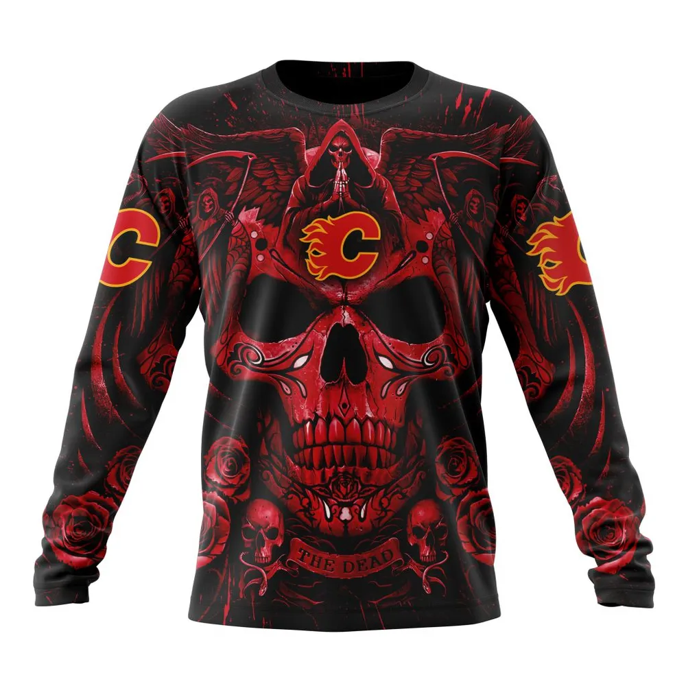 NHL Calgary Flames Special Design With Skull Art St2203 Long Sleeved Sweatshirt 