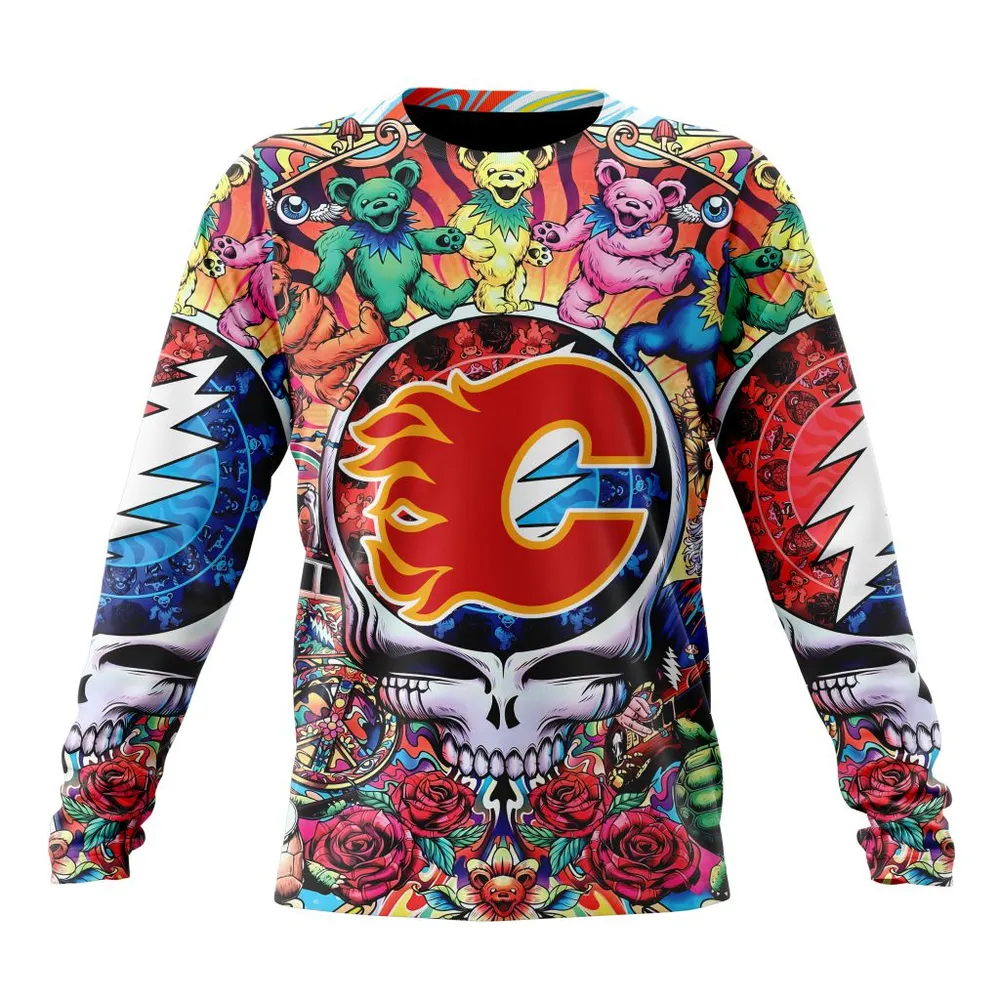 NHL Calgary Flames Special Grateful Dead Design St2304 Long Sleeved Sweatshirt 