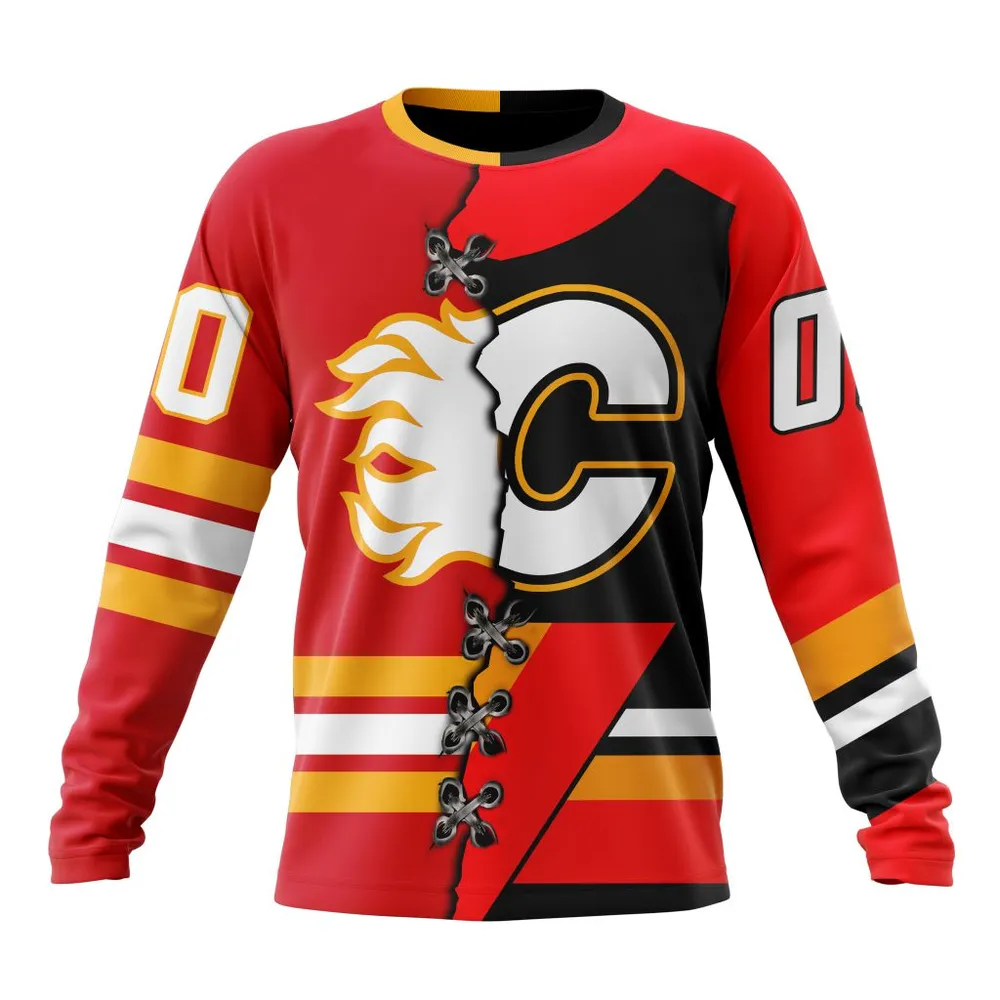 NHL Calgary Flames Special Home Mix Reverse Retro Personalized Kits Long Sleeved Sweatshirt 