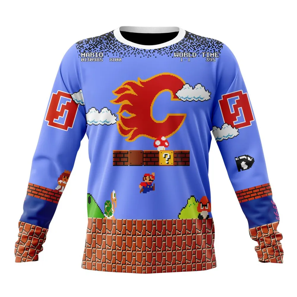 NHL Calgary Flames Special Kits With Super Mario Game Design Long Sleeved Sweatshirt 