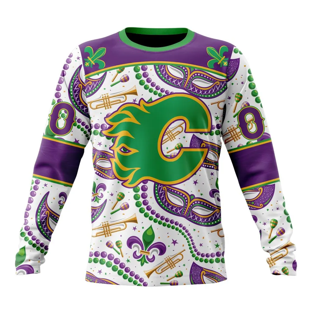 NHL Calgary Flames Special Mardi Gras Design St2401 Long Sleeved Sweatshirt 