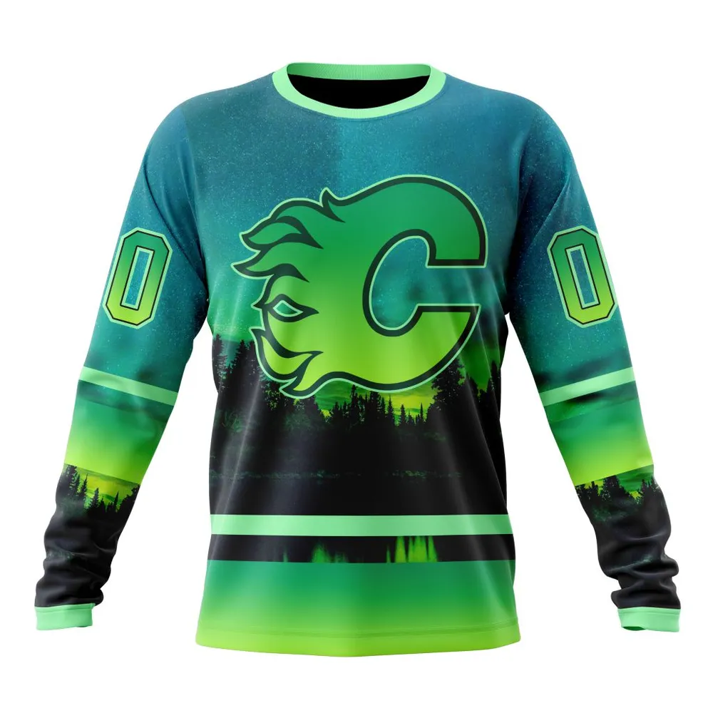 NHL Calgary Flames Special Northern Lights Design St2302 Long Sleeved Sweatshirt 