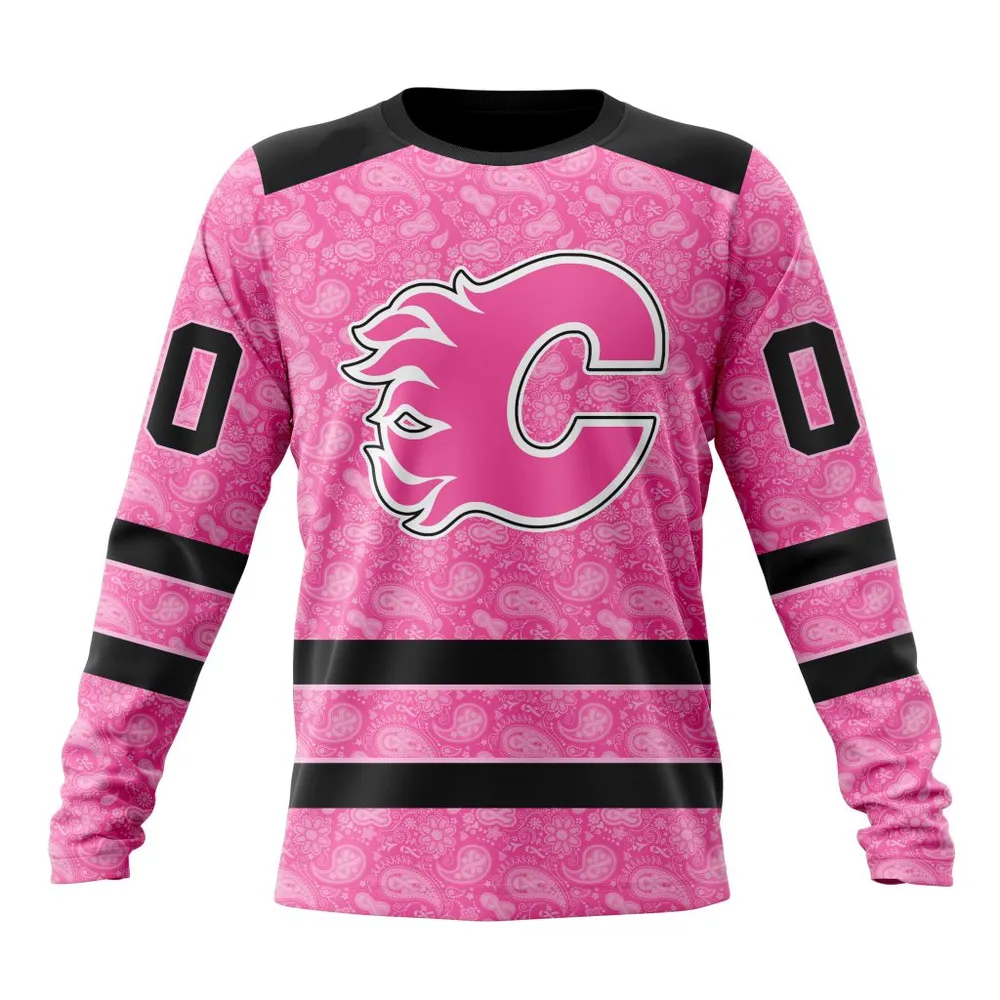 NHL Calgary Flames Special Pink Fight Breast Cancer St2306 Long Sleeved Sweatshirt 