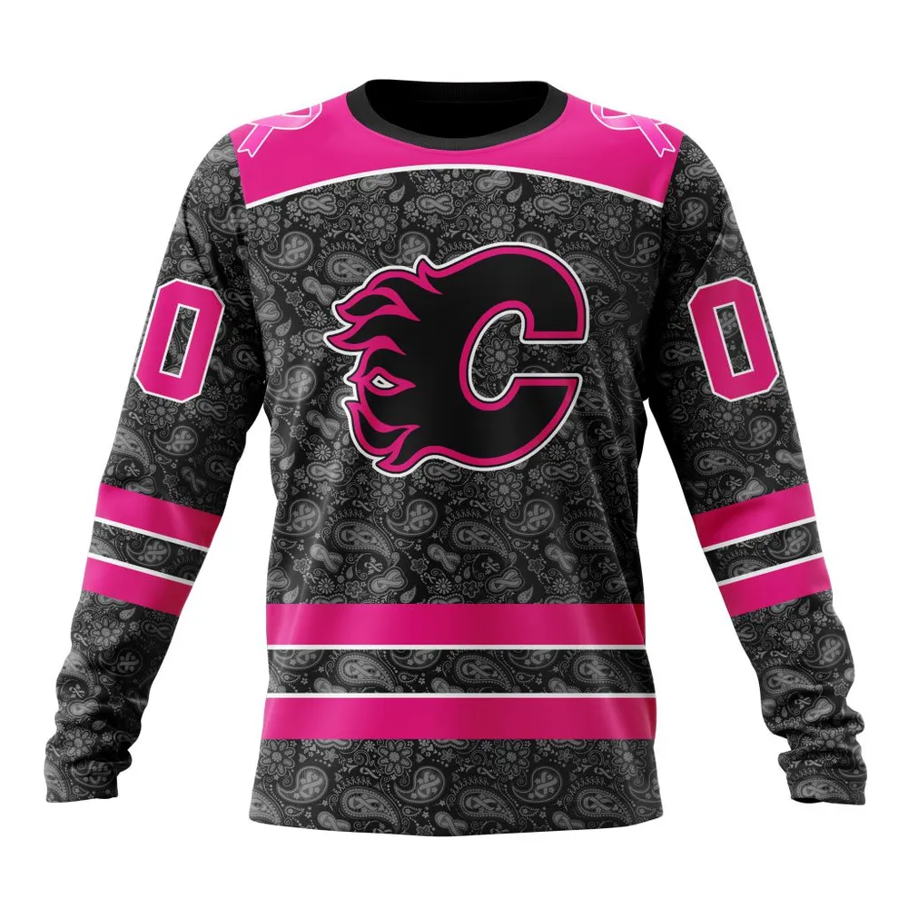 NHL Calgary Flames Special Pink In The Rink Fight Breast Cancer St2301 Long Sleeved Sweatshirt 