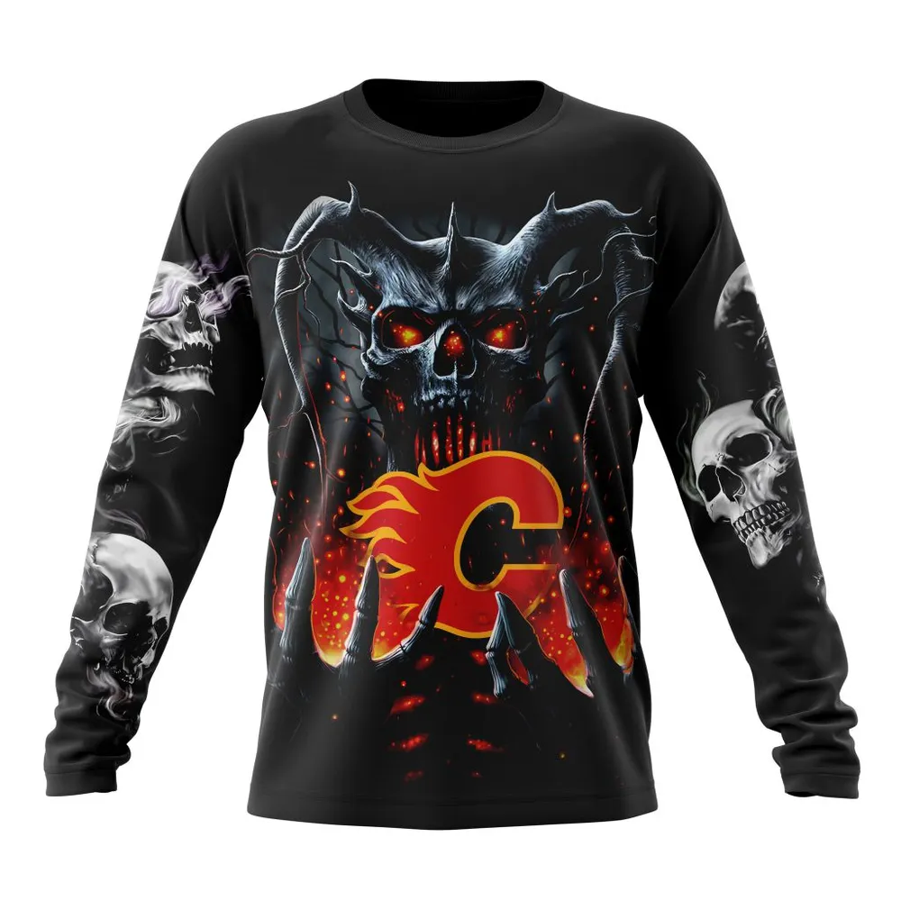 NHL Calgary Flames Special Skull Art Design St2301 Long Sleeved Sweatshirt 