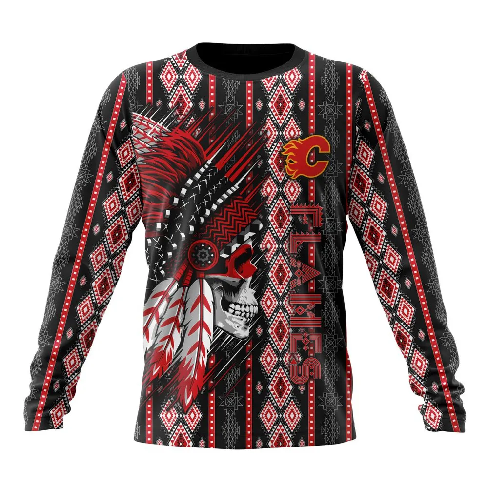 NHL Calgary Flames Special Skull Native Design St2301 Long Sleeved Sweatshirt 