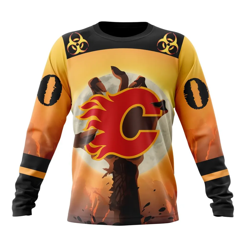 NHL Calgary Flames Special Zombie Design For Halloween St2305 Long Sleeved Sweatshirt 