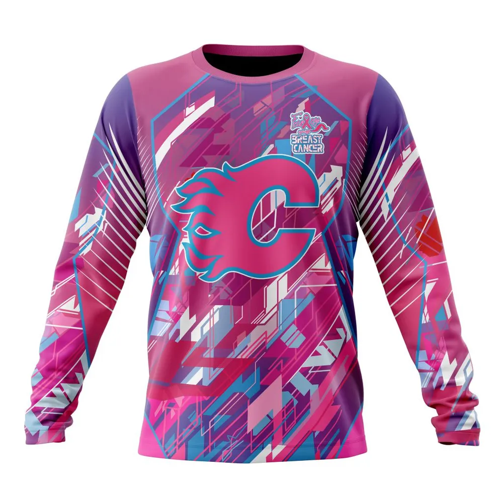 NHL Calgary Flames | Specialized Design I Pink I Can! Fearless Again Breast Cancer Long Sleeved Sweatshirt 