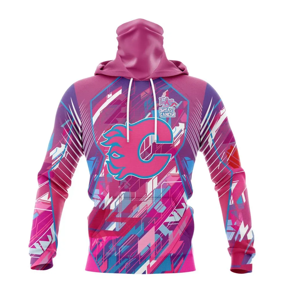 NHL Calgary Flames | Specialized Design I Pink I Can! Fearless Again Breast Cancer Mask Hoodie