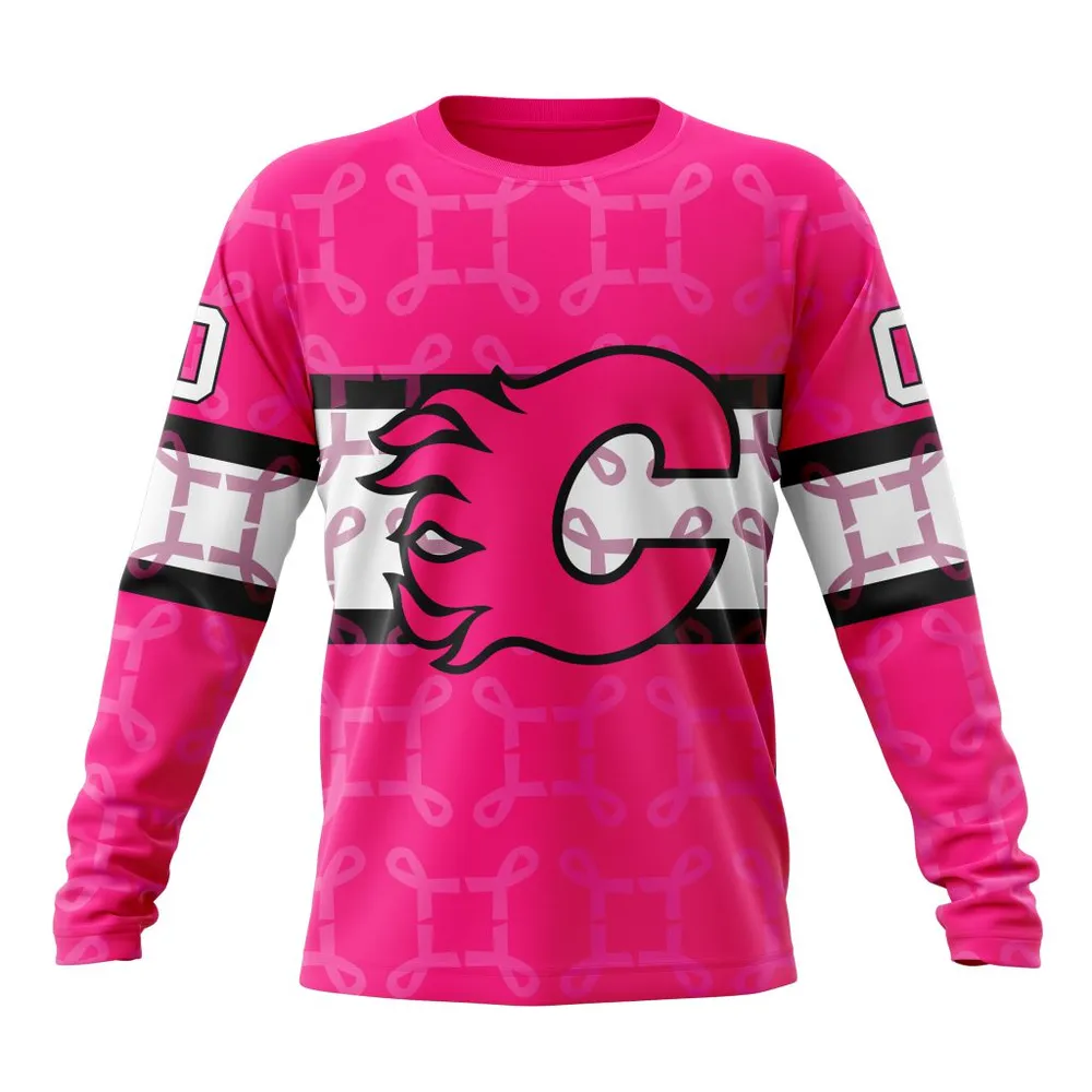 NHL Calgary Flames | Specialized Design I Pink I Can! In October We Wear Pink Breast Cancer Long Sleeved Sweatshirt 