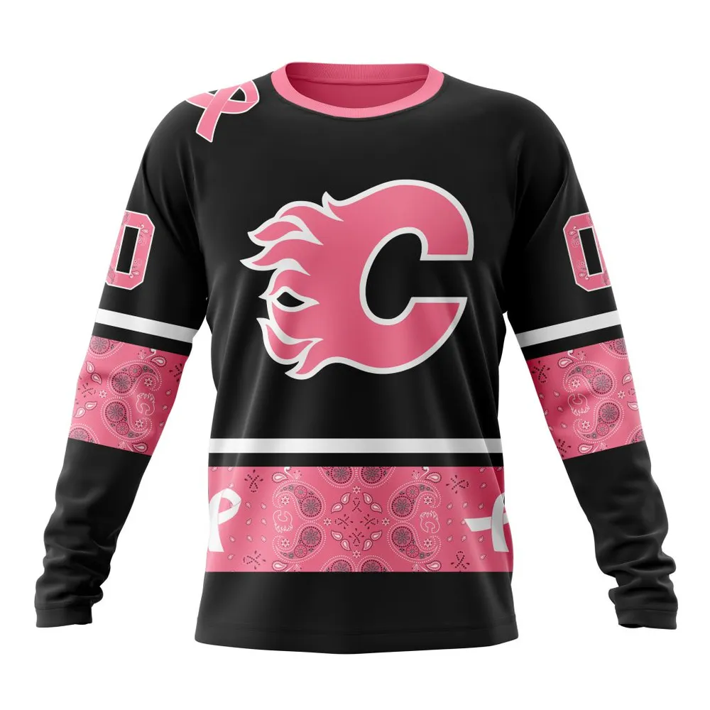 NHL Calgary Flames | Specialized Design In Classic Style With Paisley! In October We Wear Pink Breast Cancer Long Sleeved Sweatshirt 