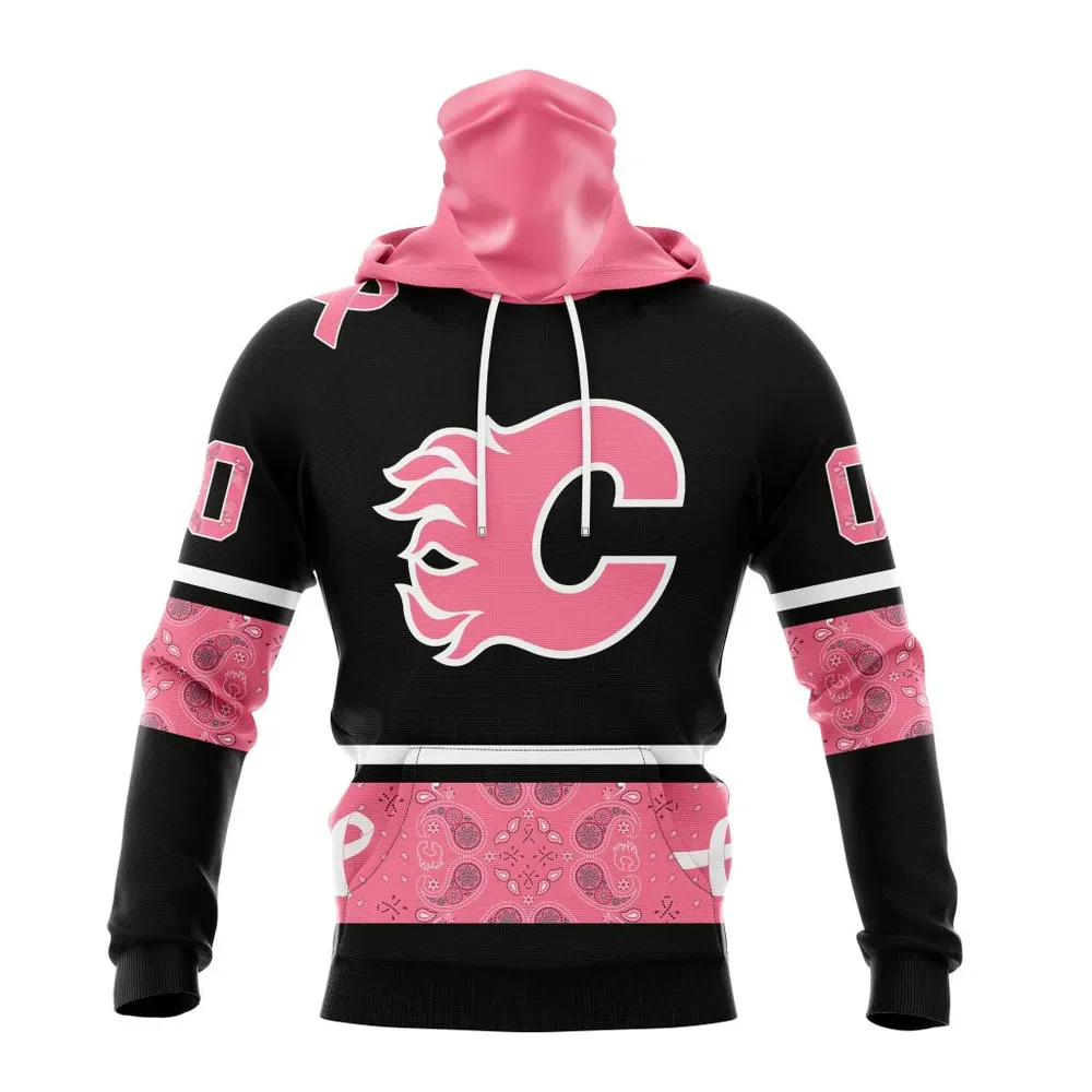 NHL Calgary Flames | Specialized Design In Classic Style With Paisley! In October We Wear Pink Breast Cancer Mask Hoodie