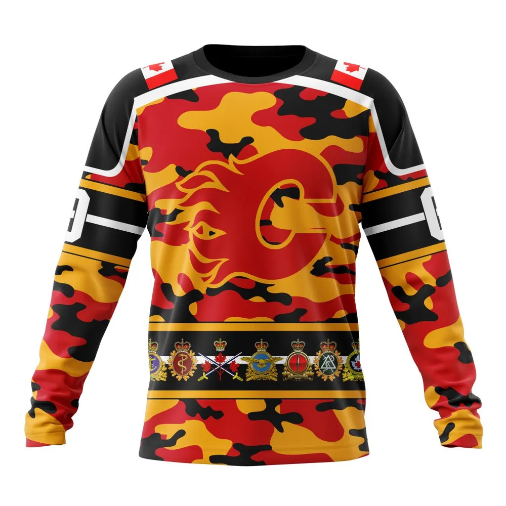 NHL Calgary Flames | Specialized Design Wih Camo Team Color And Military Force Logo Long Sleeved Sweatshirt 