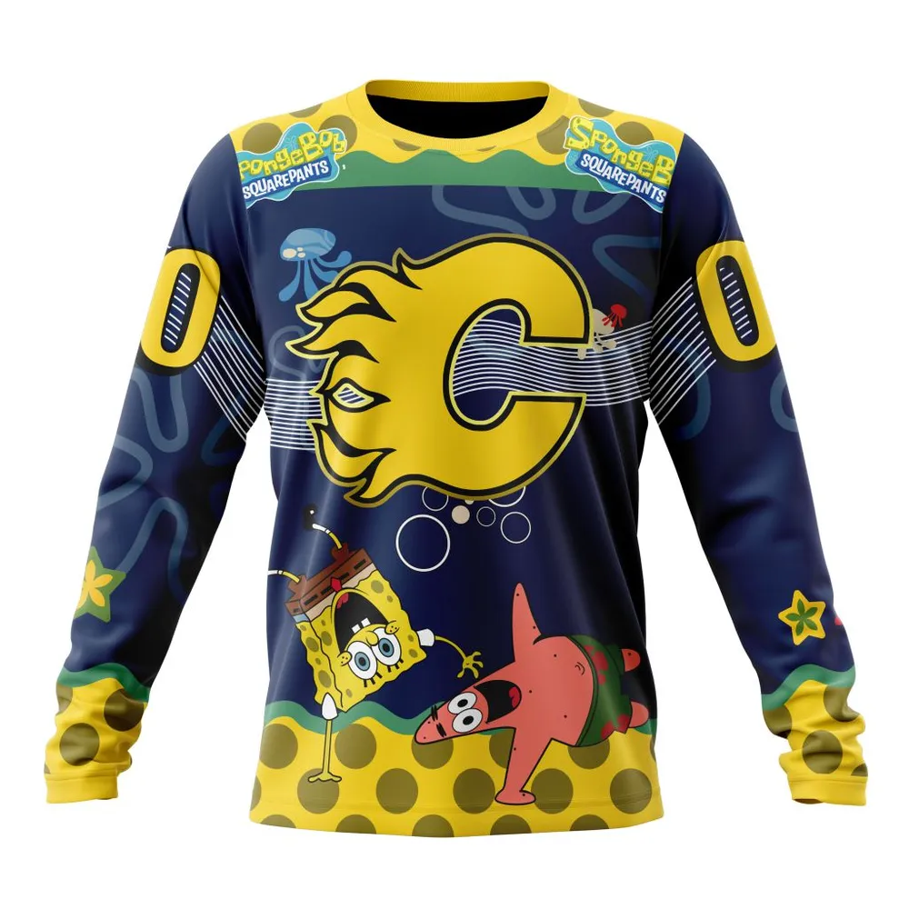 NHL Calgary Flames Specialized Jersey With Spongebob Long Sleeved Sweatshirt 