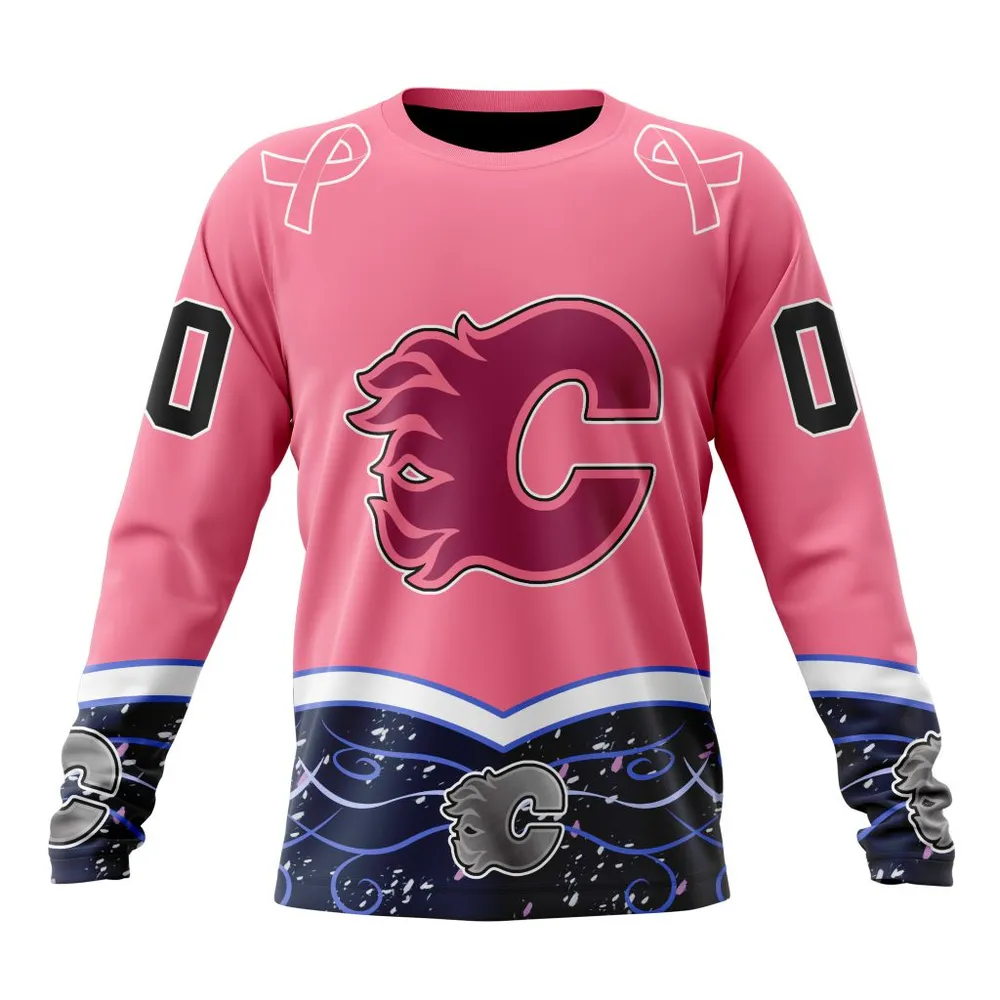 NHL Calgary Flames | Specialized Unisex For Hockey Fights Cancer Long Sleeved Sweatshirt 