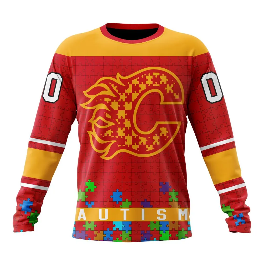 NHL Calgary Flames | Specialized Unisex Kits Hockey Fights Against Autism Long Sleeved Sweatshirt 