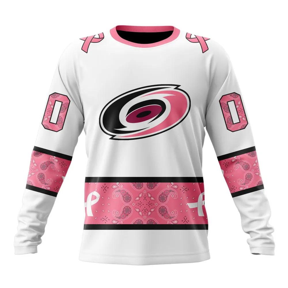 NHL Carolina Hurricanes In Classic Style With Paisley! In October We Wear Pink Breast Cancer Long Sleeved Sweatshirt 