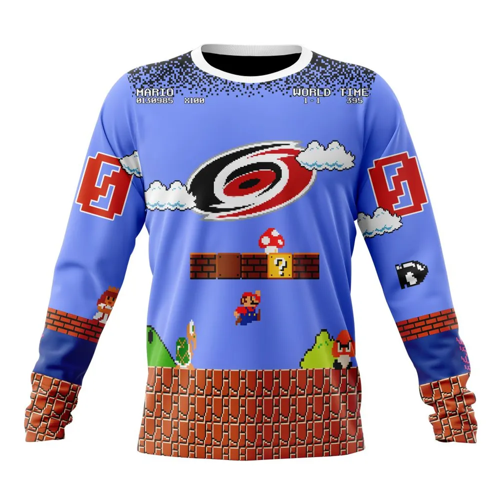 NHL Carolina Hurricanes Special Kits With Super Mario Game Design Long Sleeved Sweatshirt 