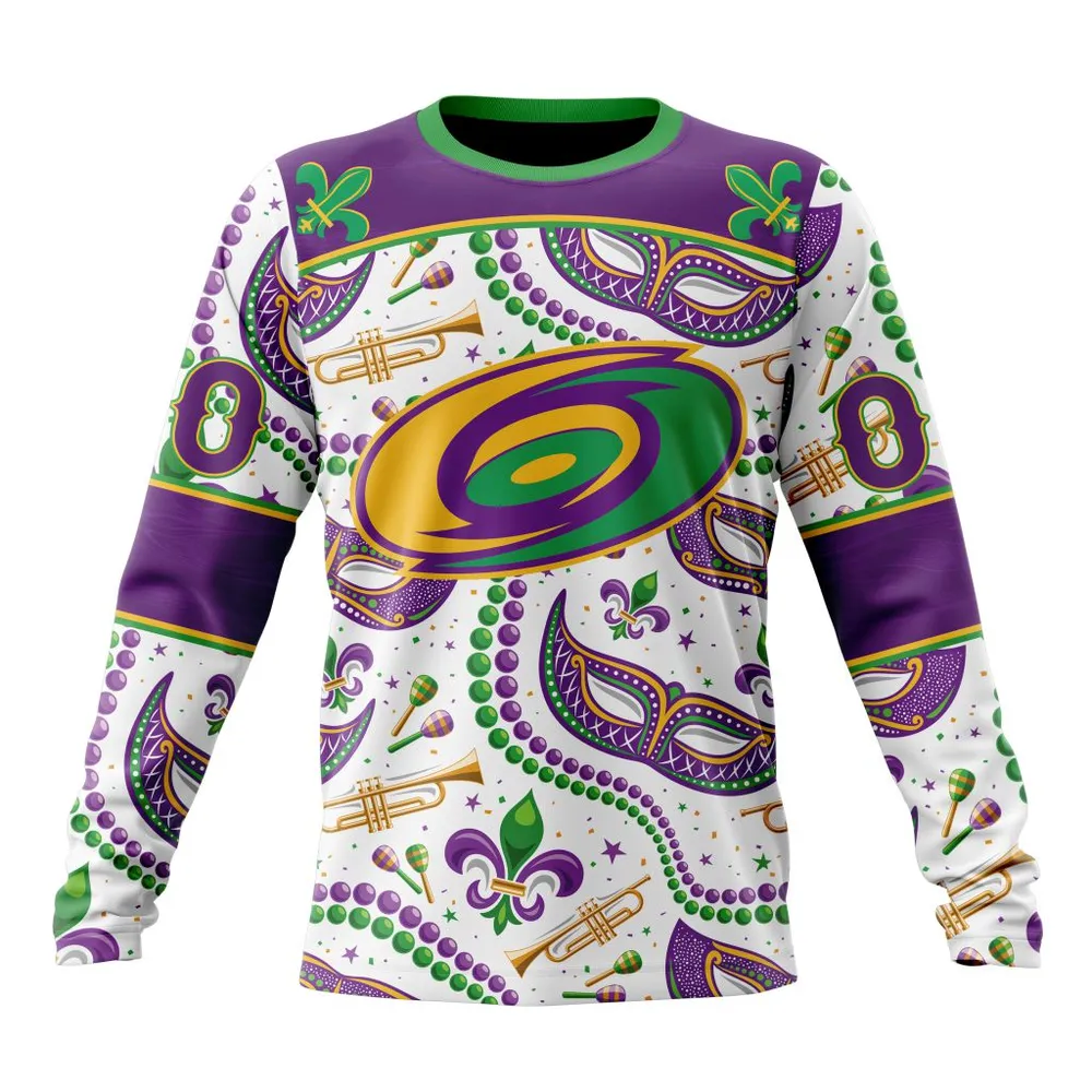 NHL Carolina Hurricanes Special Mardi Gras Design St2401 Long Sleeved Sweatshirt 