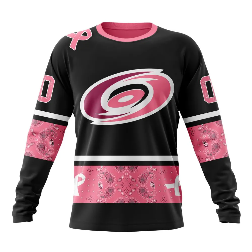 NHL Carolina Hurricanes | Specialized Design In Classic Style With Paisley! In October We Wear Pink Breast Cancer Long Sleeved Sweatshirt 