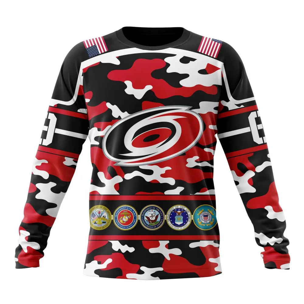 NHL Carolina Hurricanes | Specialized Design Wih Camo Team Color And Military Force Logo Long Sleeved Sweatshirt 