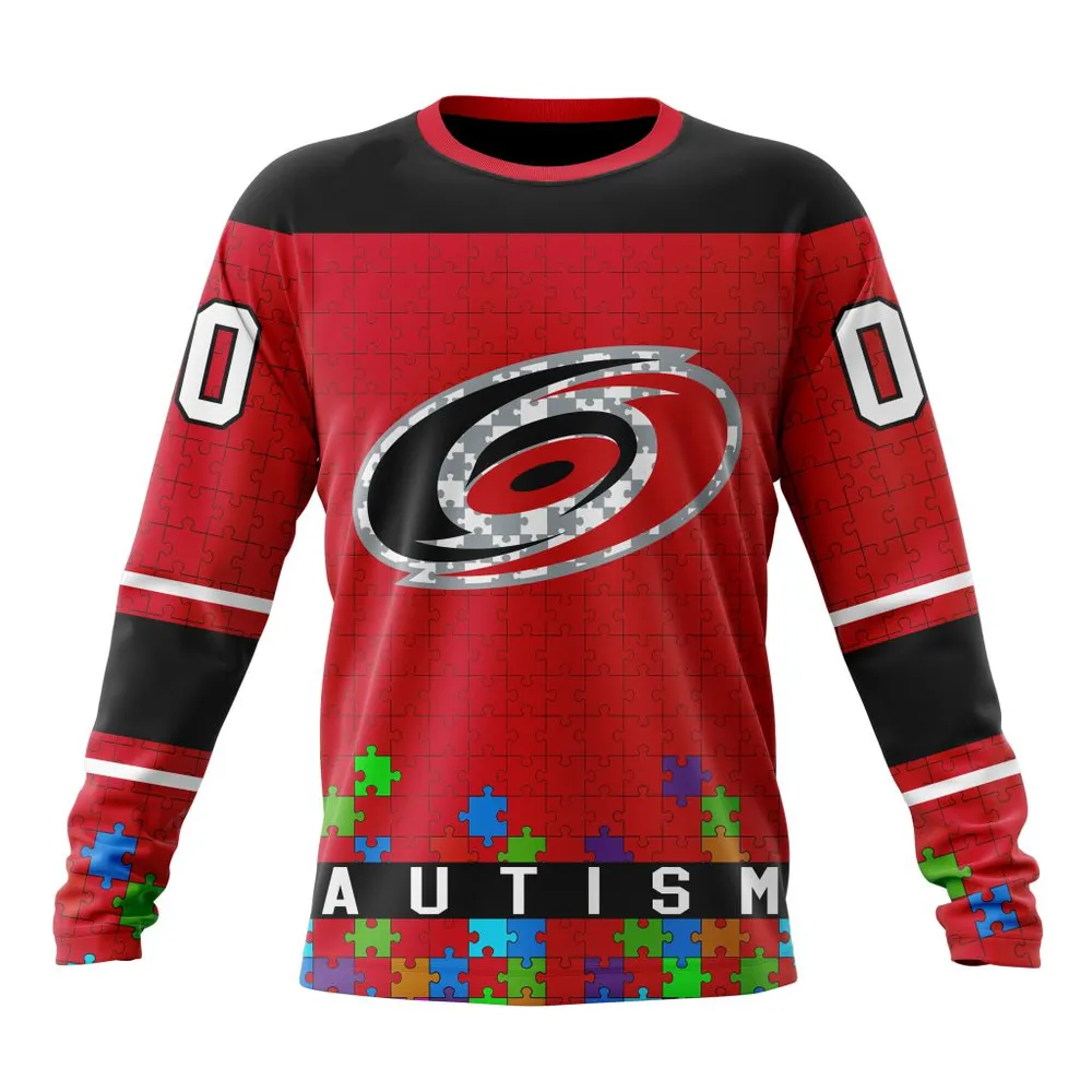 NHL Carolina Hurricanes | Specialized Unisex Kits Hockey Fights Against Autism Long Sleeved Sweatshirt 