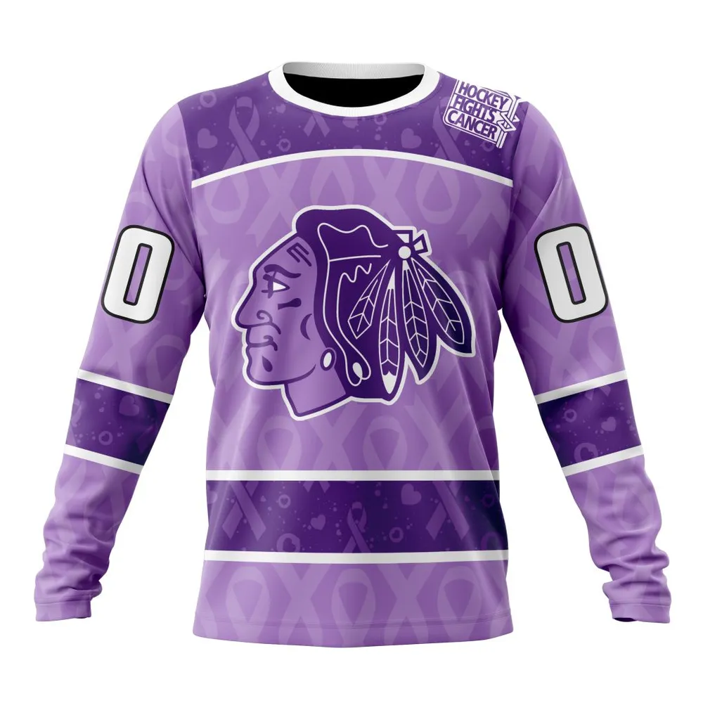 NHL Chicago Blackhawks New Lavender Hockey Fight Cancer St2301 Long Sleeved Sweatshirt 