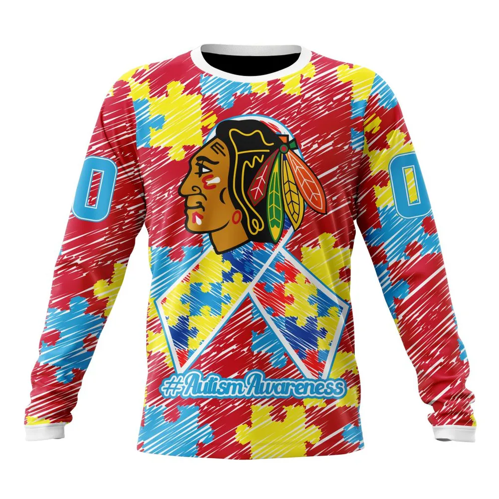 NHL Chicago Blackhawks Special Autism Awareness Design St2201 Long Sleeved Sweatshirt 