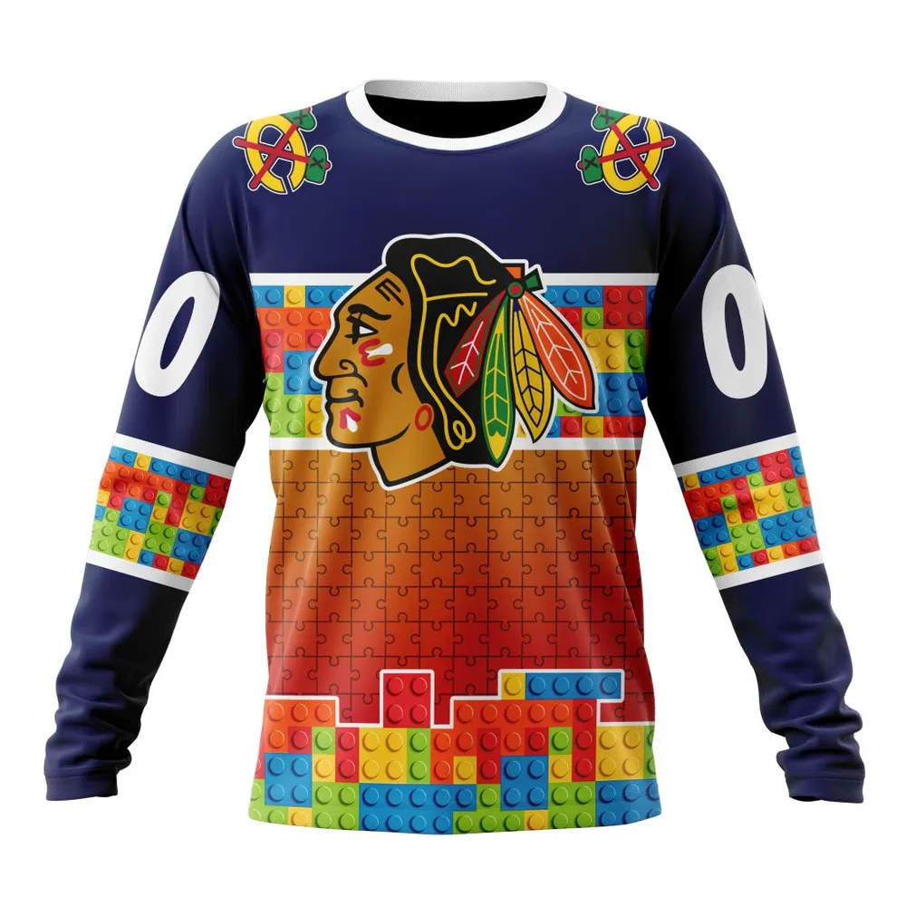 NHL Chicago Blackhawks Special Autism Awareness Design V2301 Long Sleeved Sweatshirt 