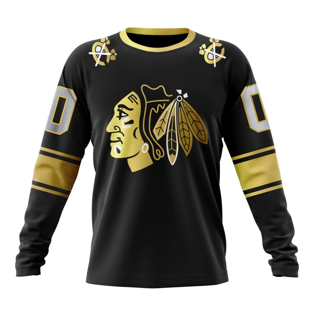 NHL Chicago Blackhawks Special Black And Gold Design St2401 Long Sleeved Sweatshirt 