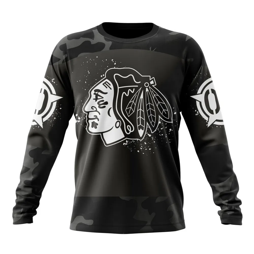 NHL Chicago Blackhawks Special Black Camo Design For Veterans Day St2304 Long Sleeved Sweatshirt 