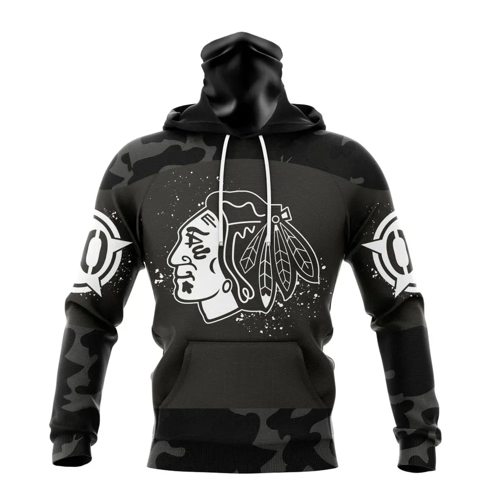 NHL Chicago Blackhawks Special Black Camo Design For Veterans Day St2304 Mask Hoodie