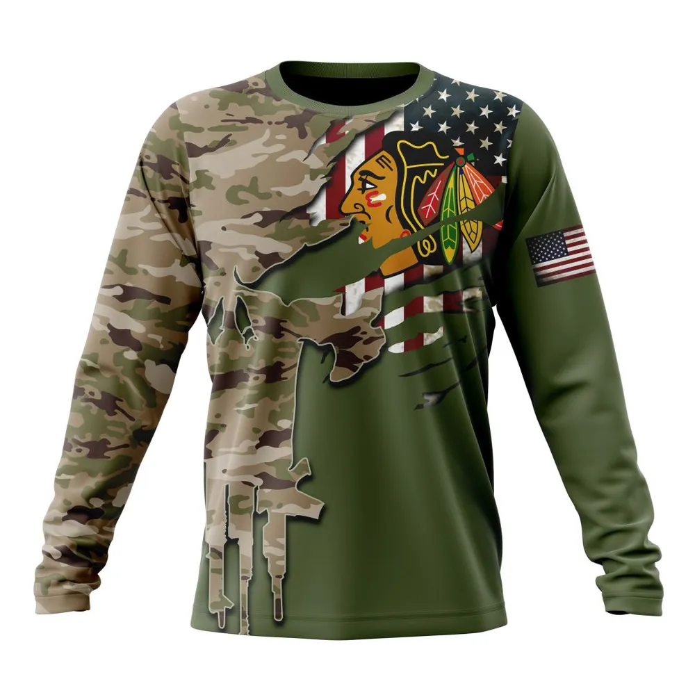 NHL Chicago Blackhawks Special Camo Skull Design St2303 Long Sleeved Sweatshirt 