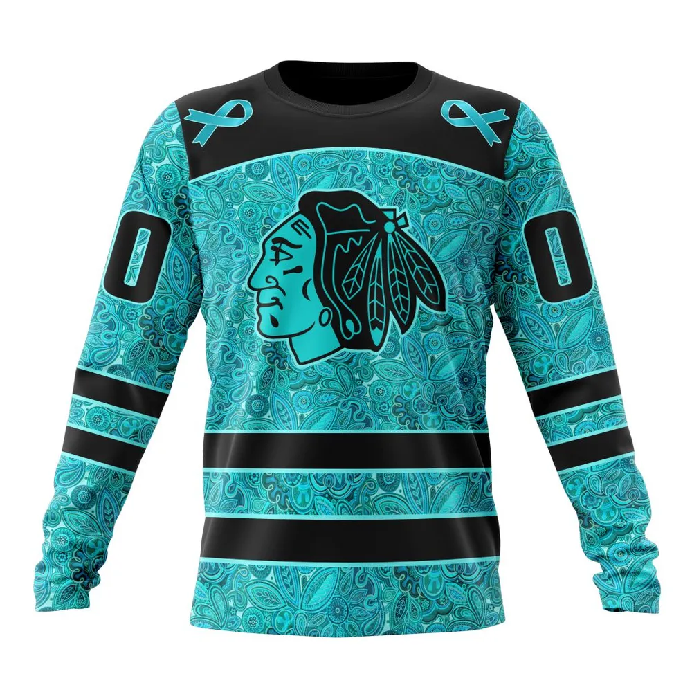 NHL Chicago Blackhawks Special Design Fight Ovarian Cancer St2201 Long Sleeved Sweatshirt 