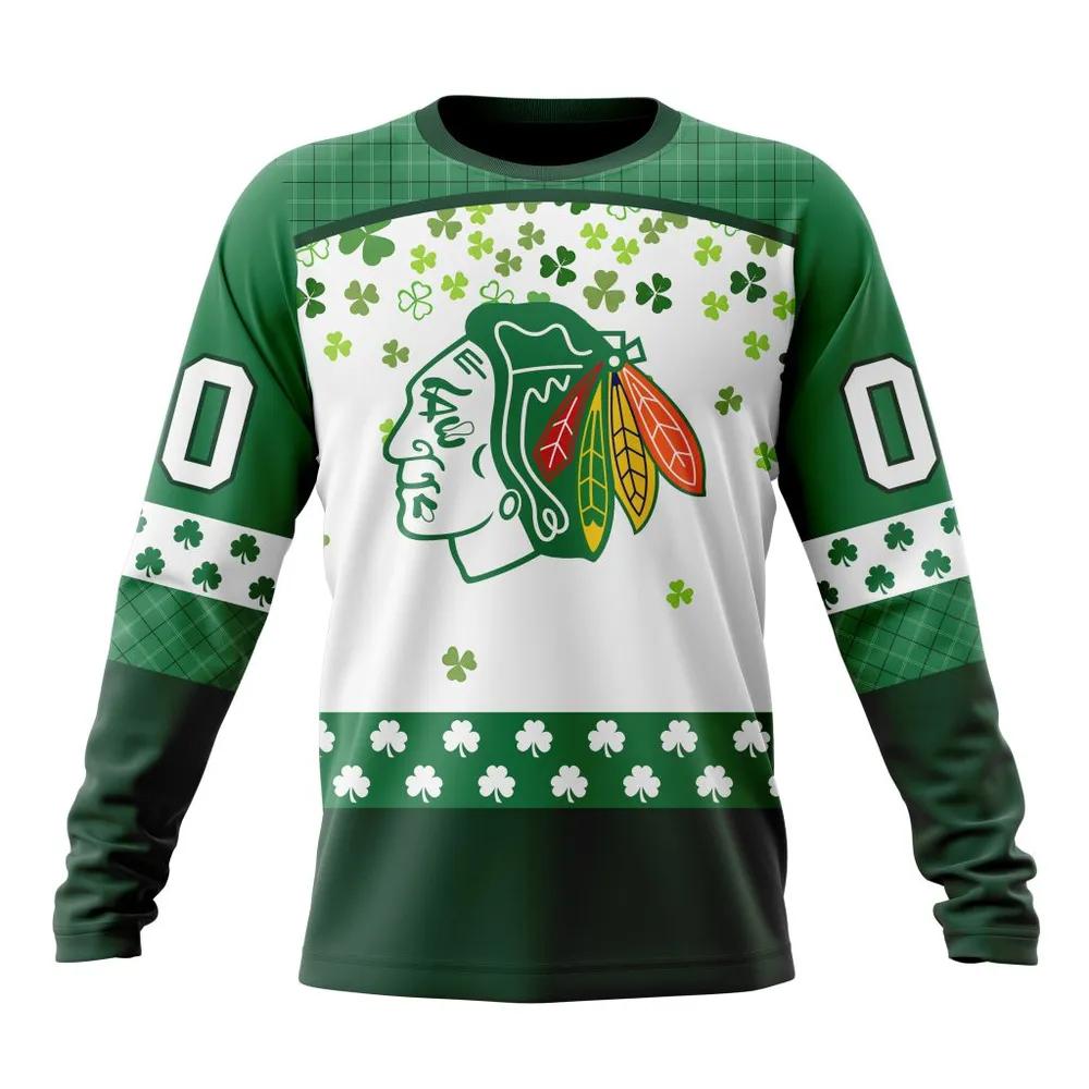 NHL Chicago Blackhawks Special Design For St. Patrick Day St2401 Long Sleeved Sweatshirt 