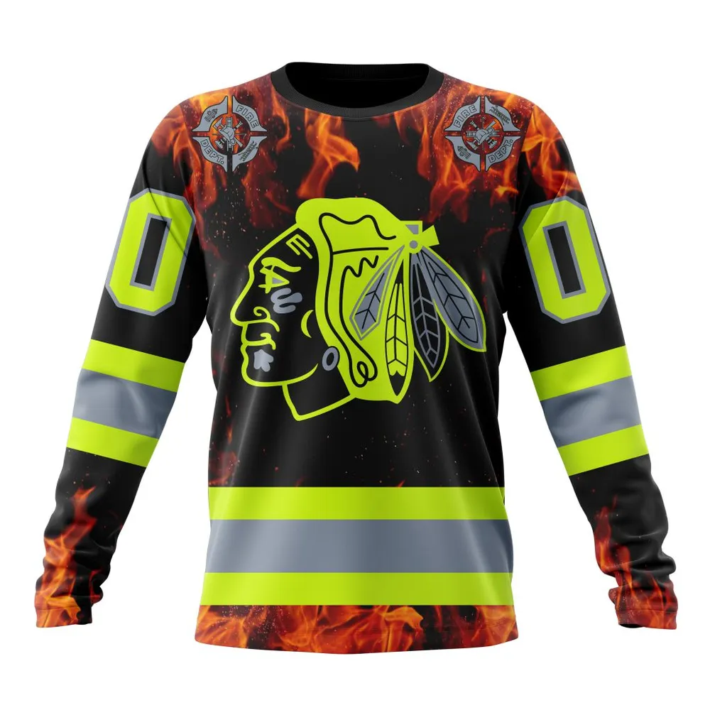 NHL Chicago Blackhawks Special Design Honoring Firefighters St2401 Long Sleeved Sweatshirt 