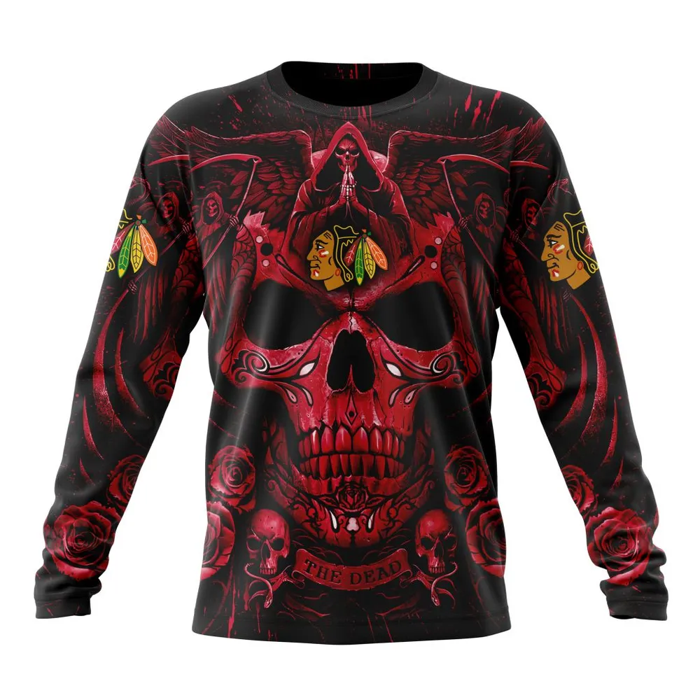 NHL Chicago Blackhawks Special Design With Skull Art St2203 Long Sleeved Sweatshirt 