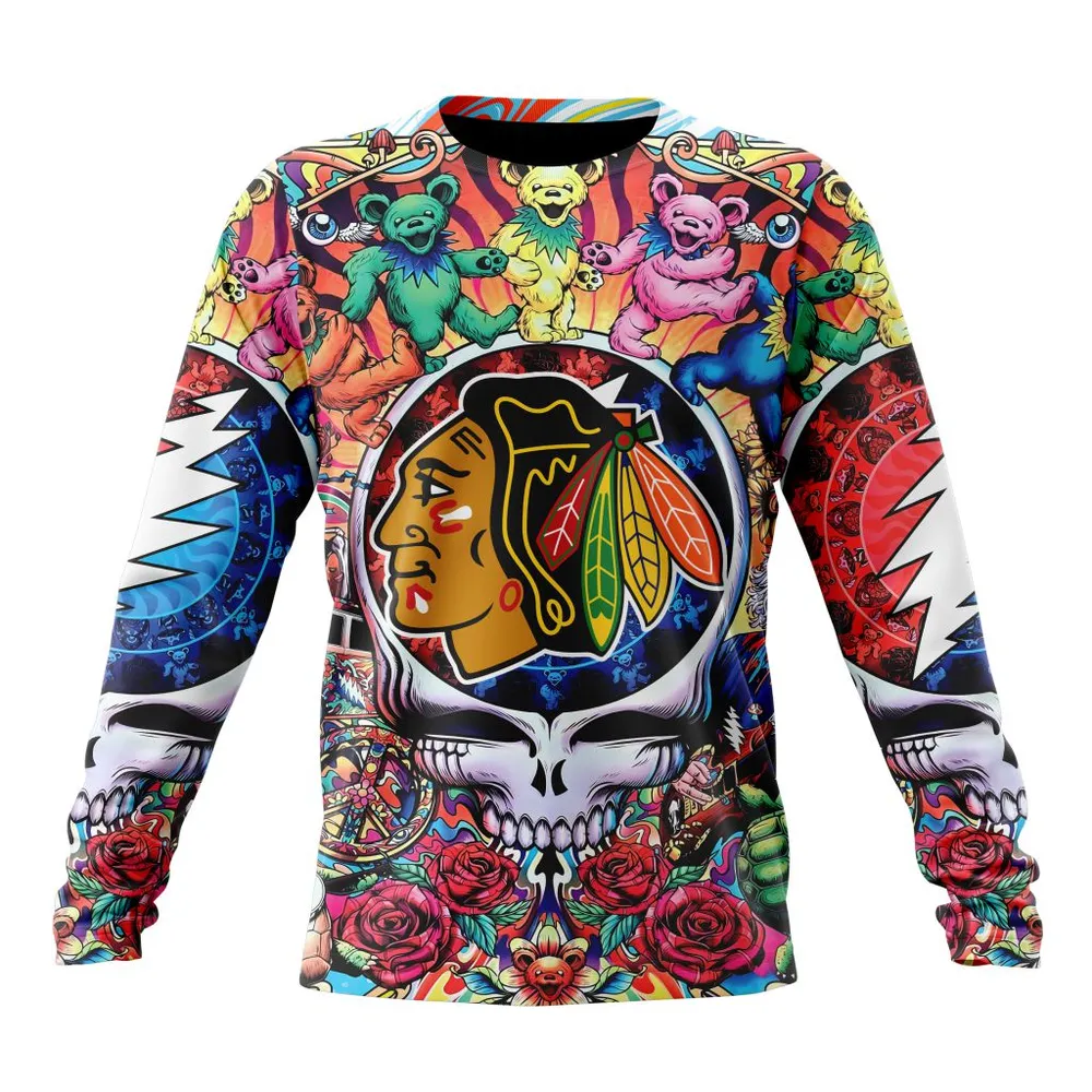 NHL Chicago Blackhawks Special Grateful Dead Design St2304 Long Sleeved Sweatshirt 