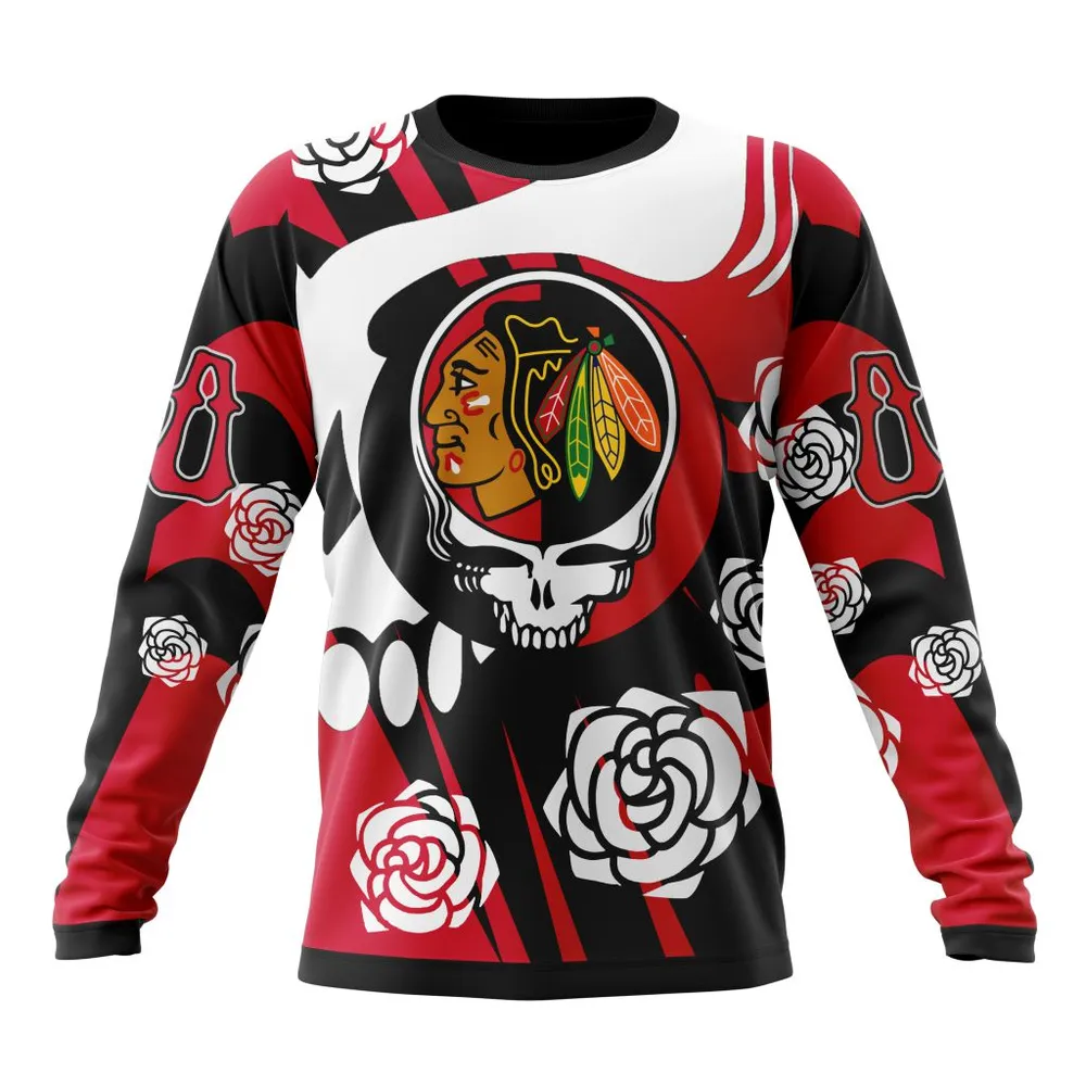 NHL Chicago Blackhawks Special Grateful Dead Design St2305 Long Sleeved Sweatshirt 