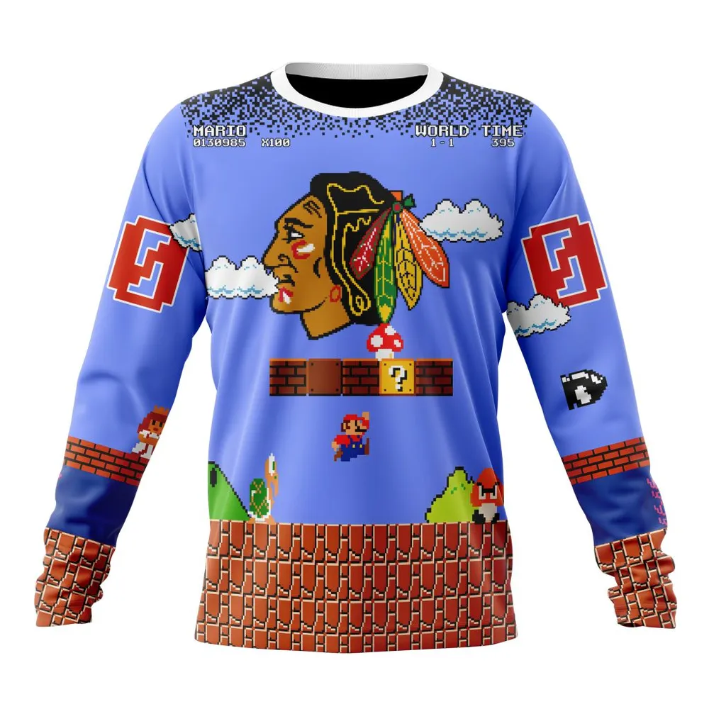 NHL Chicago Blackhawks Special Kits With Super Mario Game Design Long Sleeved Sweatshirt 