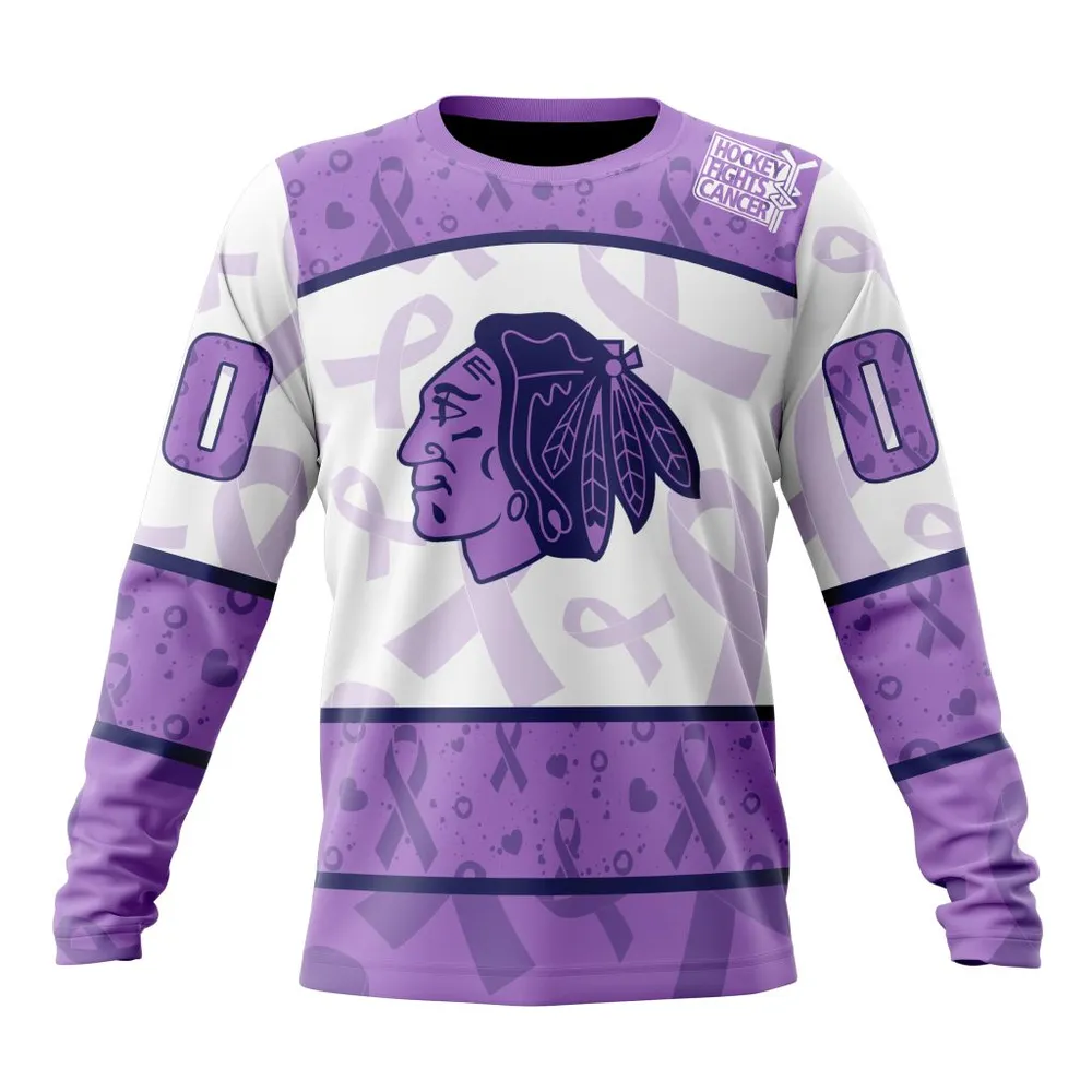 NHL Chicago Blackhawks Special Lavender Fight Cancer St2201 Long Sleeved Sweatshirt 