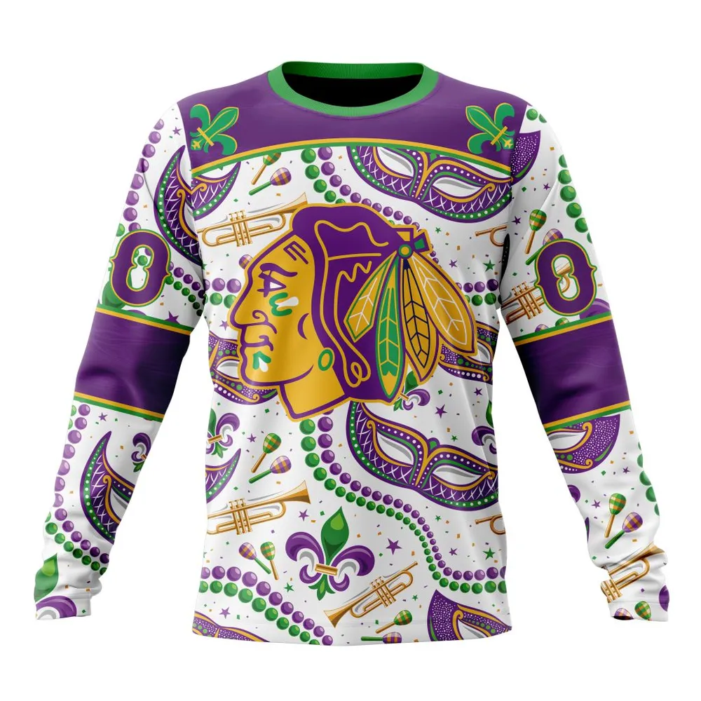 NHL Chicago Blackhawks Special Mardi Gras Design St2401 Long Sleeved Sweatshirt 