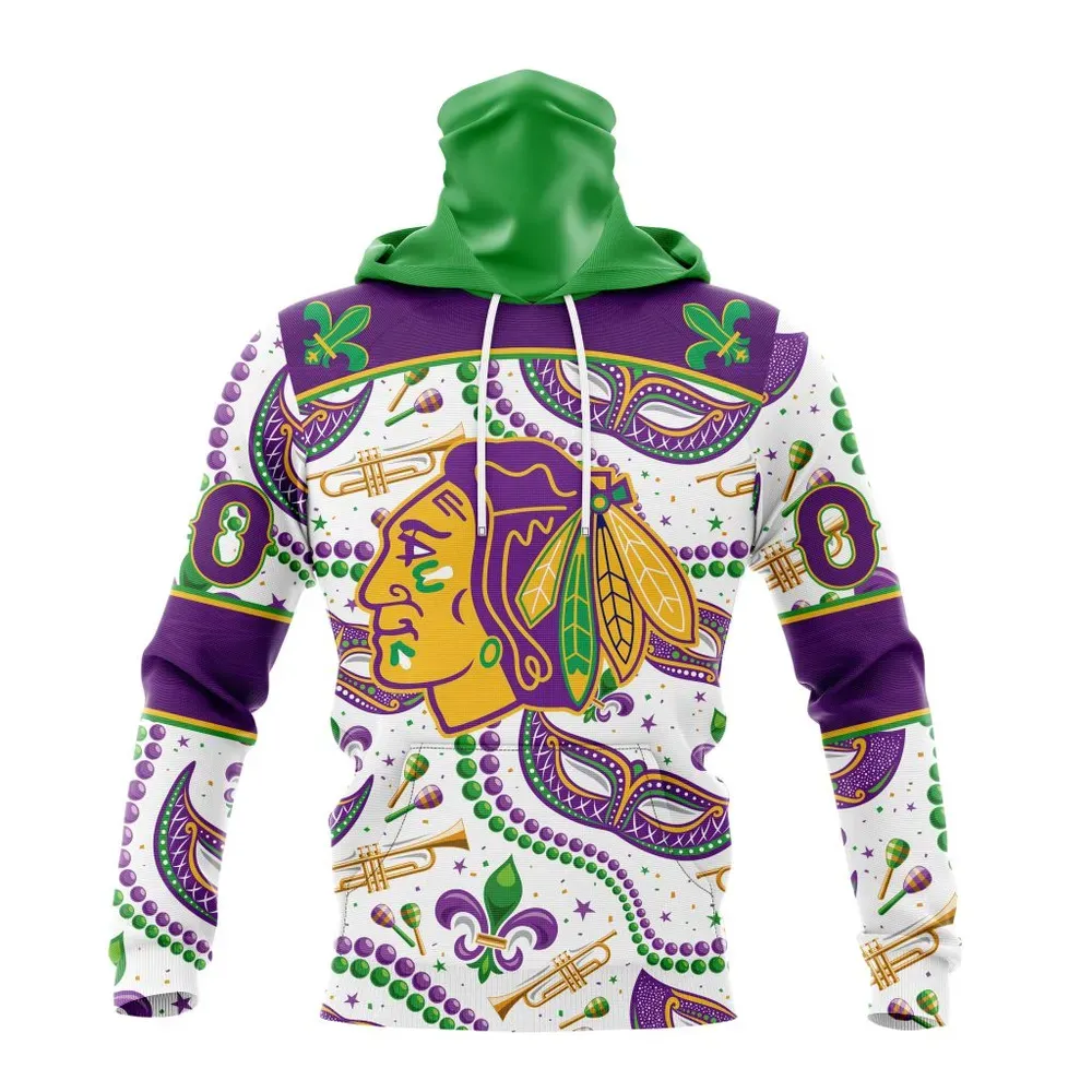 NHL Chicago Blackhawks Special Mardi Gras Design St2401 Mask Hoodie